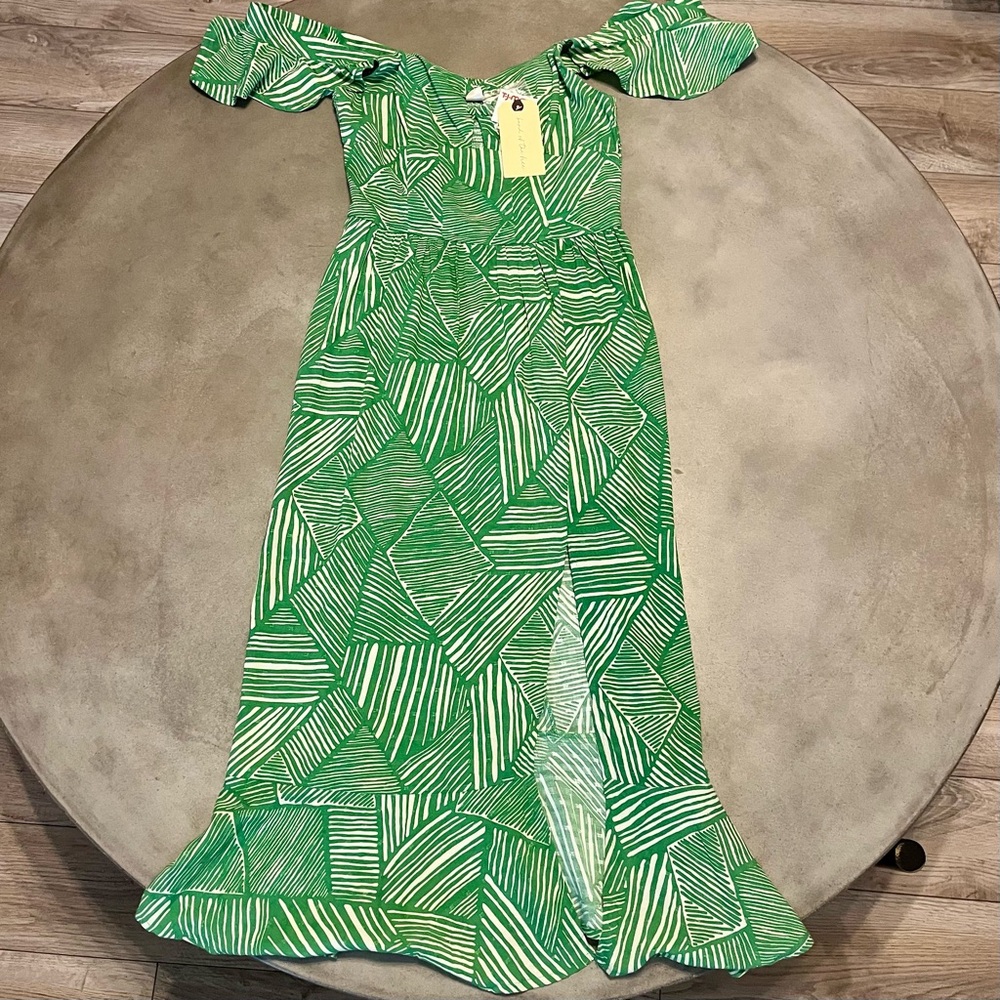 ☘️NWT Green Tropical Geometric Flutter Cap Sleeve Maxi Dress w/Ruffle